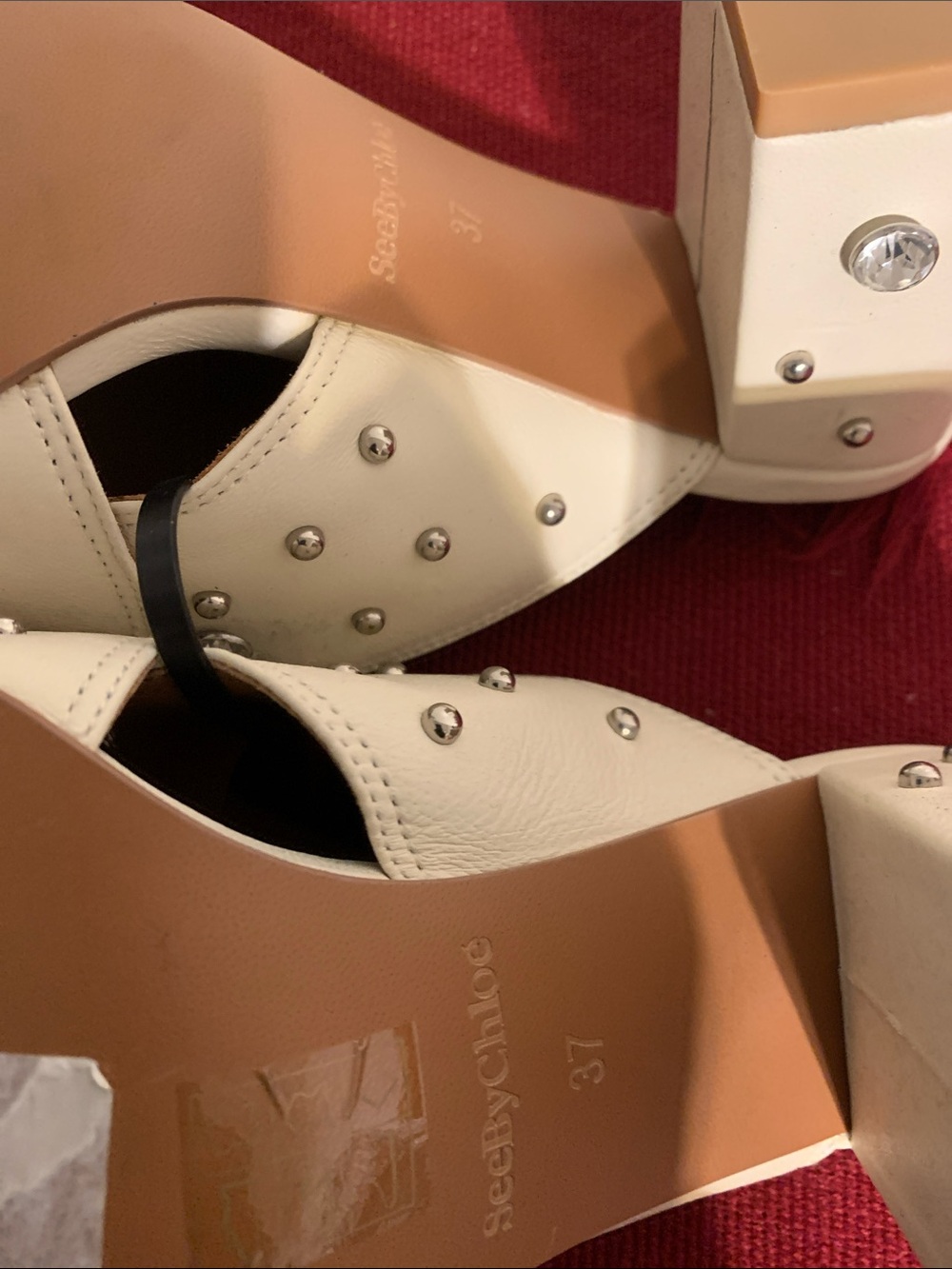 See By Chloé Cream Leather Studded Slide Mules - Picture 4 of 7